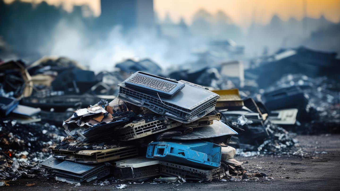Pracownik w kombinezonie ręcznie rozkręca stary laptop w warsztacie recyklingu