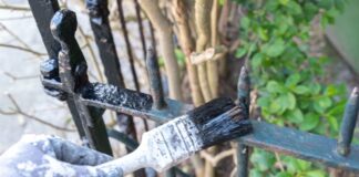 Mechaniczne czyszczenie ogrodzenia z rdzy i ochrona roślin oraz kostki brukowej nowa powloka ochronna na stalowym ogrodzeniu
