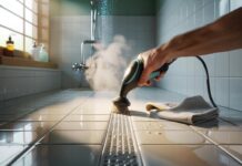 Myjka parowa do fug – jak pozbyć się zabrudzeń bez chemii i wysiłku? Myjka parowa w akcji czyści brudne fugi między płytkami podłogowymi w kuchni